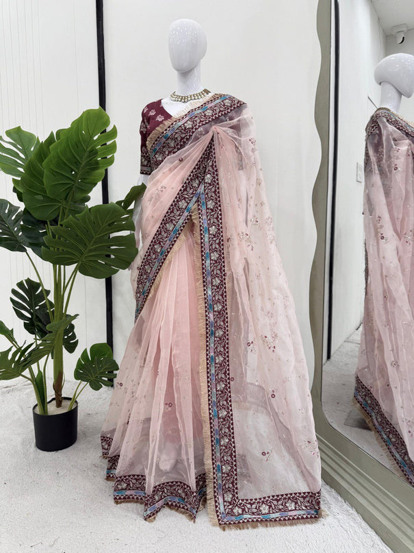 Wine Color Organza Silk Thread And Sequence Work Saree