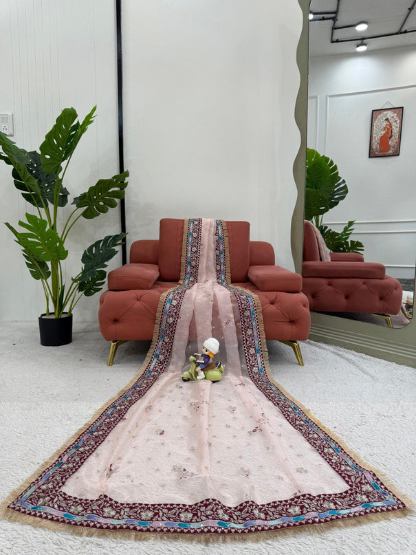 Wine Color Organza Silk Thread And Sequence Work Saree