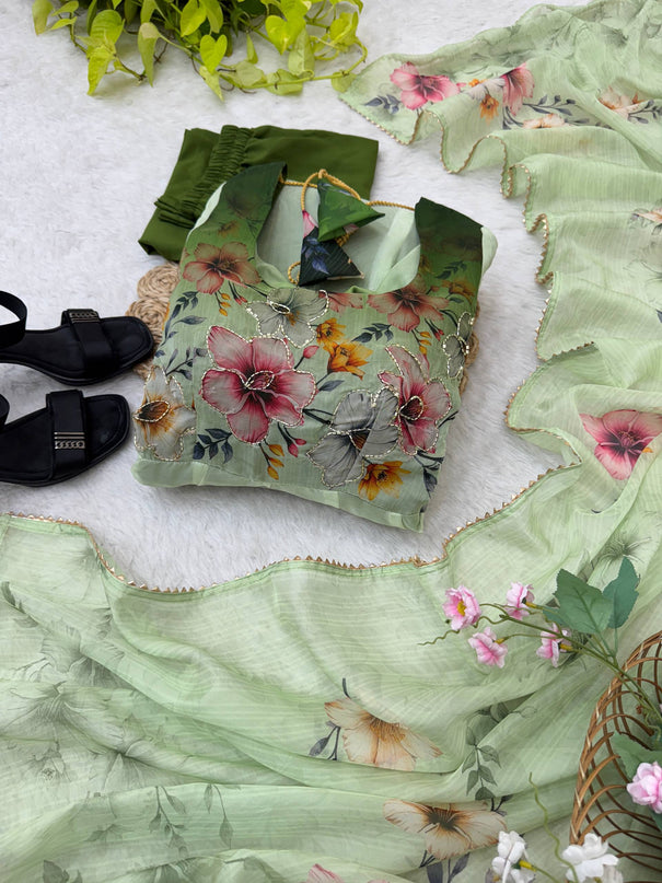 Green Color Organza Silk With Digital Print Work Gown