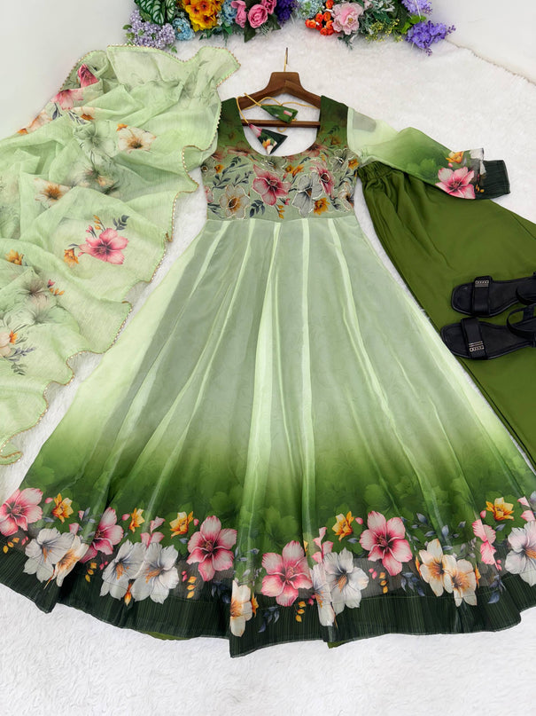 Green Color Organza Silk With Digital Print Work Gown