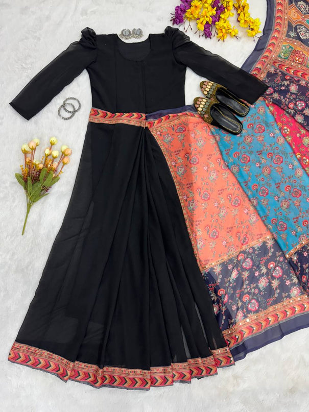 Black Color Faux Georgette Digital Print Zip Gown