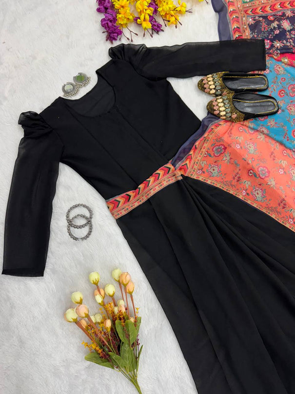 Black Color Faux Georgette Digital Print Zip Gown