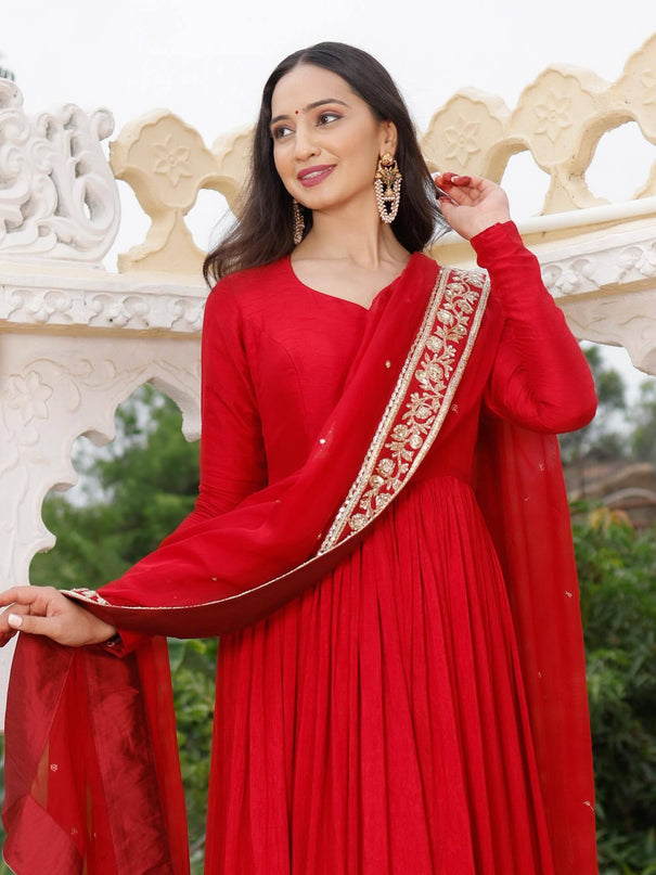 Red Color Fox Georgette Embroidery Work Gown