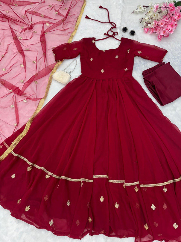 Red Colour Georgette Embroidery Butta Work Full Stitch Gown