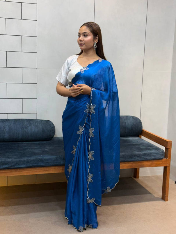 Rich Space Silk With Daimond Butterfly Work Saree