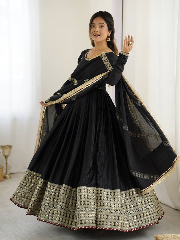 Black Color Chinon Silk Thread Work Gown