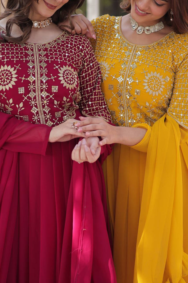 Faux Blooming Georgette Attractive Embroidered Work Cotton Lining Gown