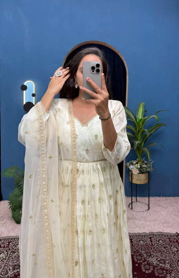 Chimmer Embroidery With Fancy Lace Work Gown