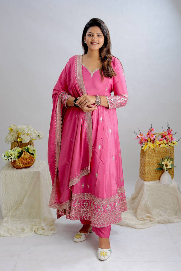 Pink Color Natural Crep With Embroidery Work Gown