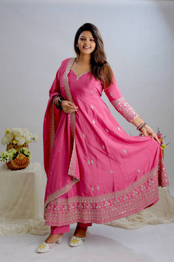 Pink Color Natural Crep With Embroidery Work Gown