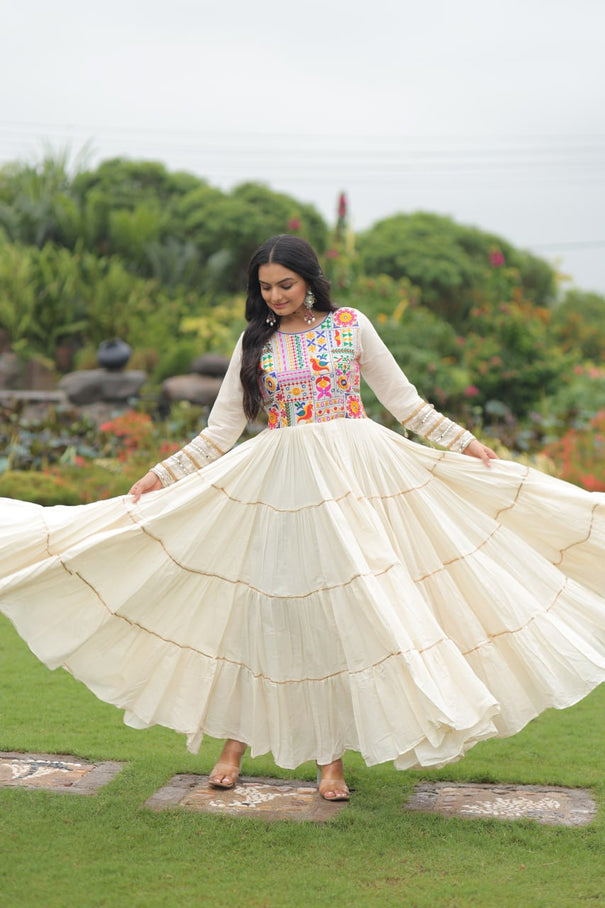 White Color Kora Cotton Multi Thread Embroidery Work Gown