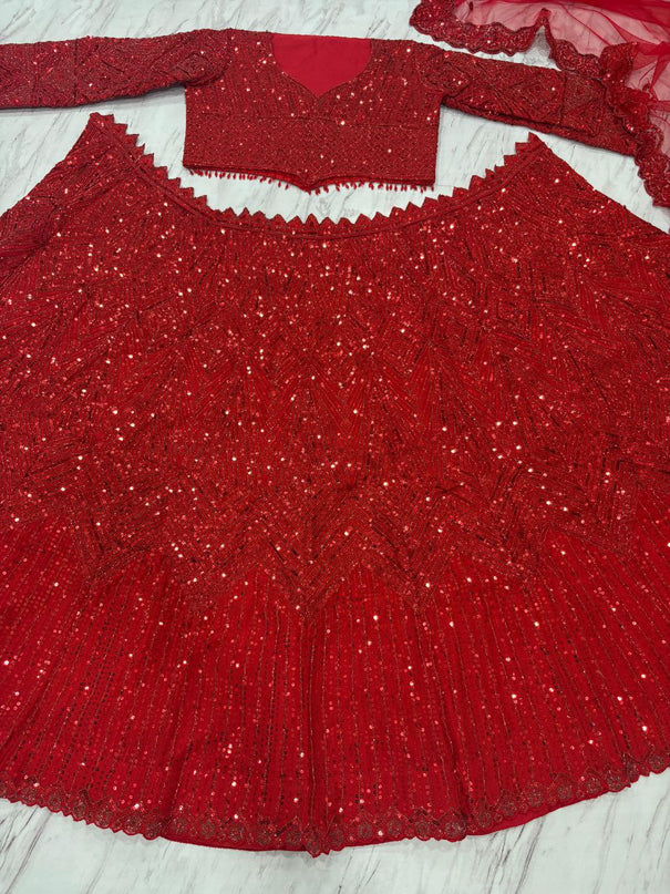 Red Color Fox Georgette Thread Embroidery Work Lehenga