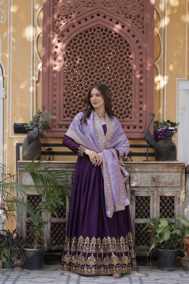 Purple Color Star Georgette Embroidery Zari Work Gown