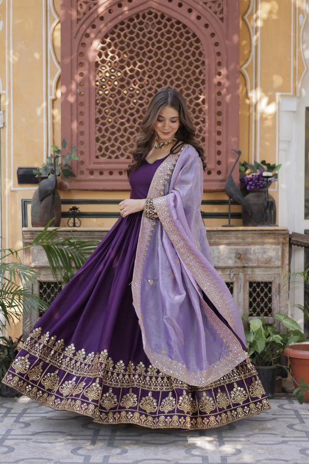 Purple Color Star Georgette Embroidery Zari Work Gown
