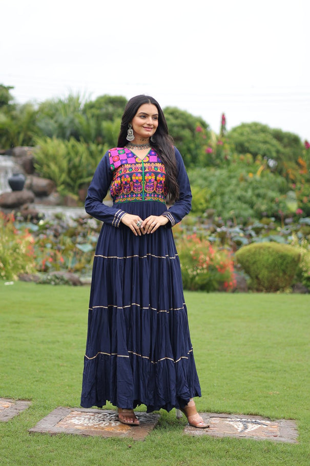Reyon Fabric Kutchi Gamthi Embroidery Work Gown