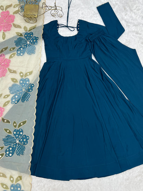 Pure Roman Silk 16 Kali Gown Set with Pearl Lace & Organza Dupatta