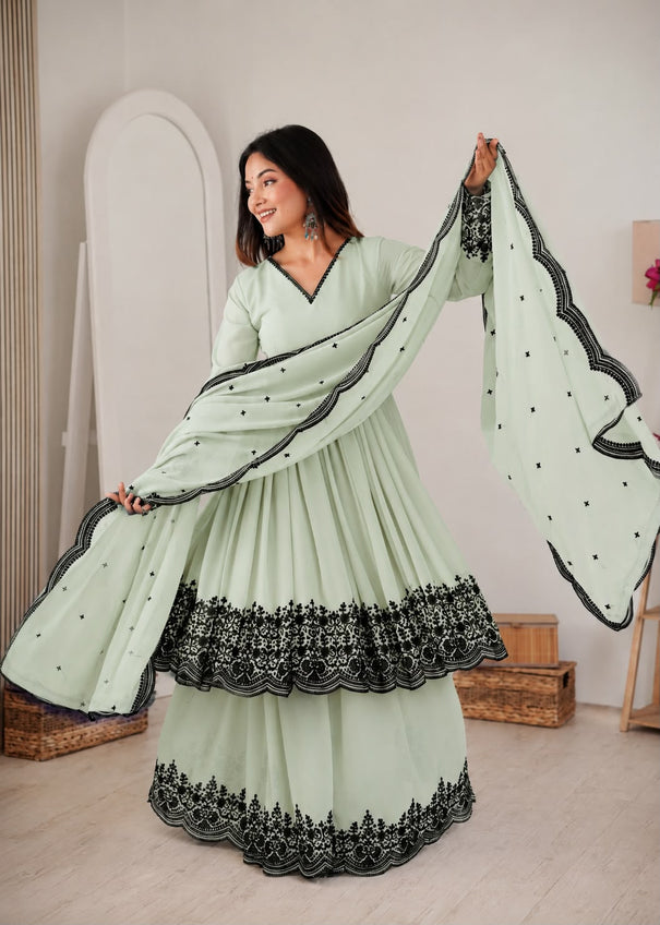 Beautiful Soft Rich Premium Faux Georgette With Thread Embroidery Work Plazzo Suit Set