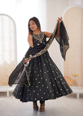 Beautiful Premium Roman Silk With Heavy Embroidery Sequence Work Gown Set