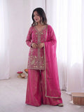 Beautiful Soft Rich Pure Fendy Silk Embroidery Sequence Work Plazzo Set