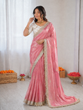 Beautiful Elegant Rich Look Fandy Satin Saree With Sequence Butti & Elegant Designer Lace Border