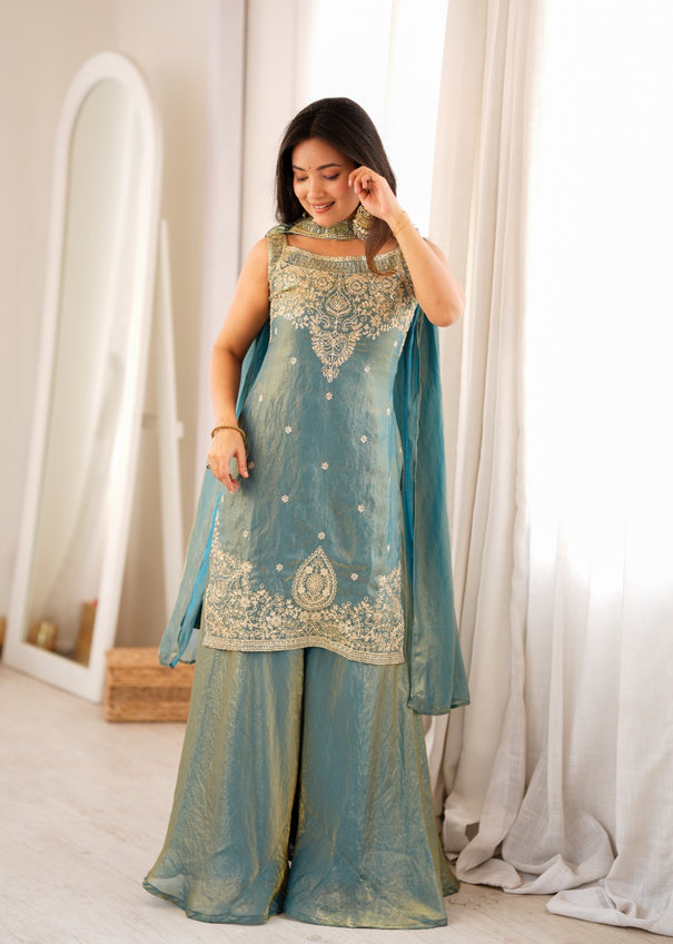 Beautiful Soft Rich Pure Fendy Silk With Fancy Embroidery Work Sharara Set