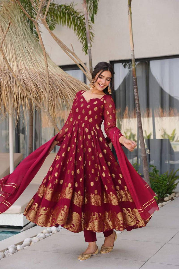 Maroon Color Jaquard Weaving Work Top Pent