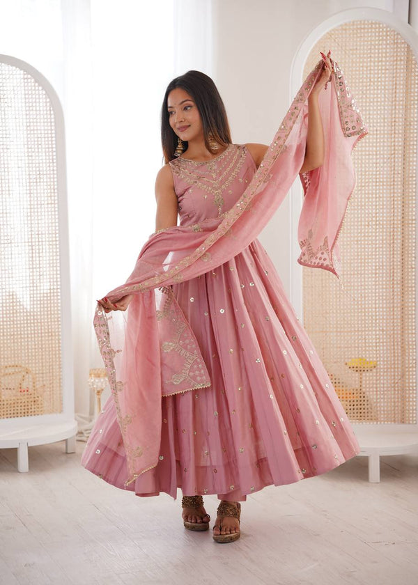 Beautiful Premium Roman Silk With Heavy Embroidery Sequence Work Gown Set