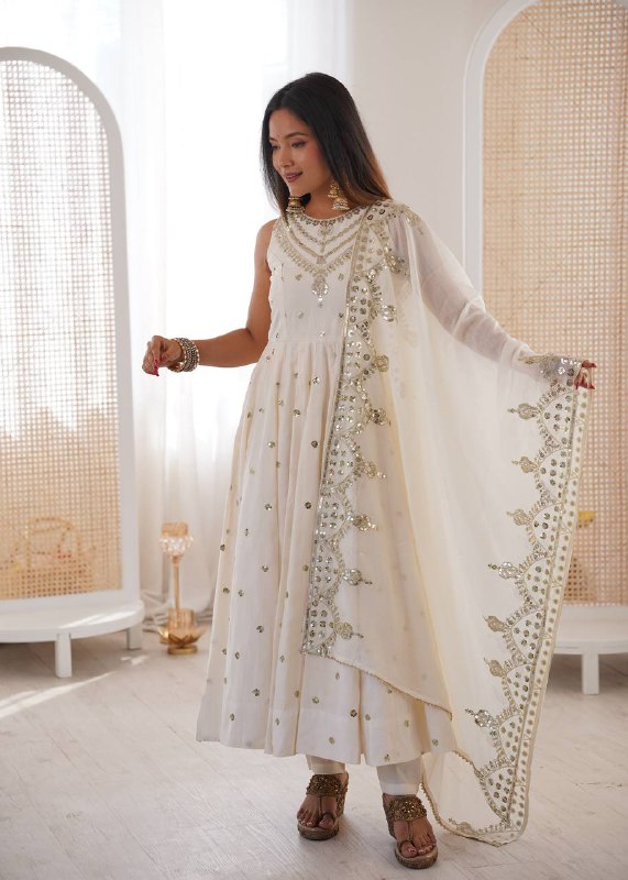 Beautiful Premium Roman Silk With Heavy Embroidery Sequence Work Gown Set