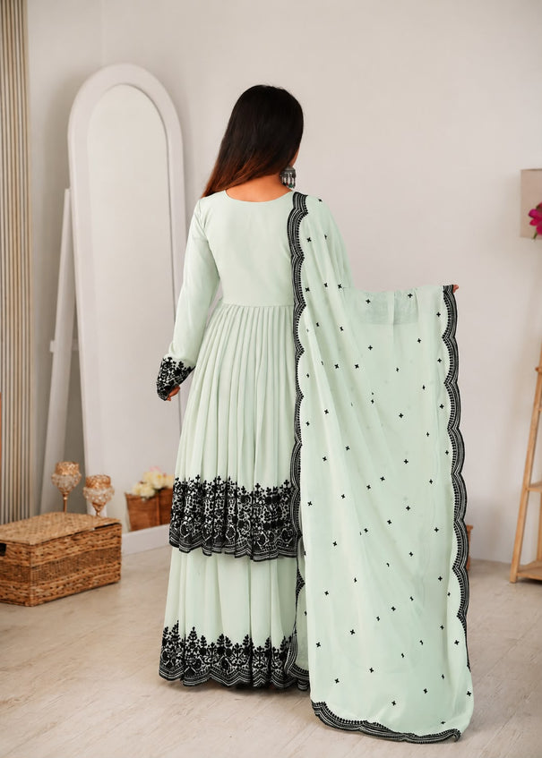 Beautiful Soft Rich Premium Faux Georgette With Thread Embroidery Work Plazzo Suit Set