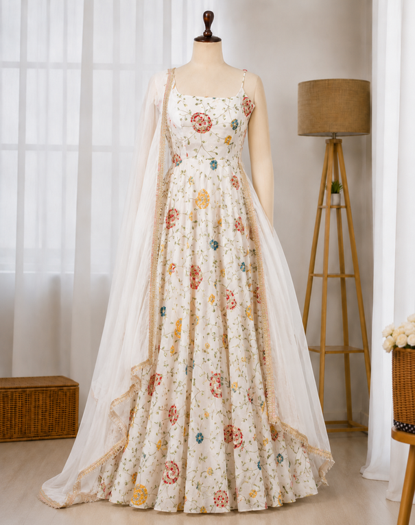 Beautifull Faux Georgette Thread With Sequience Work Anarkali Set
