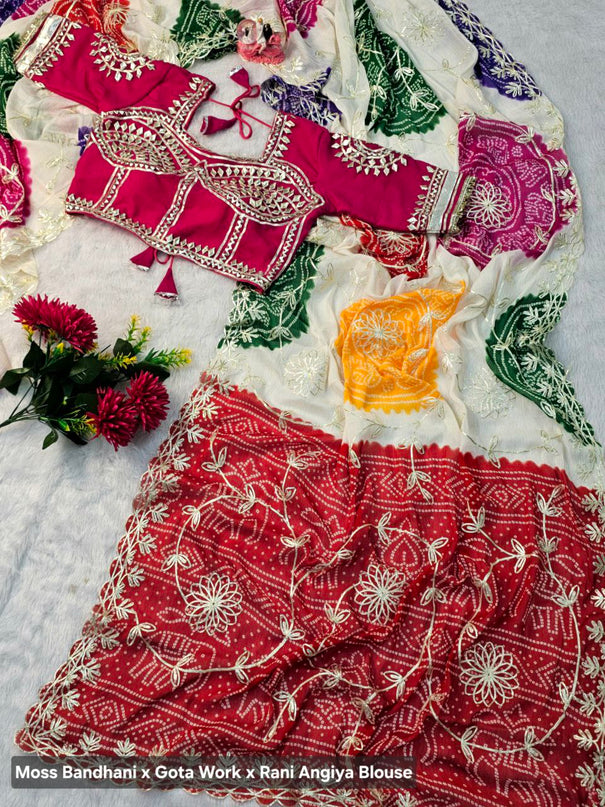 Beautifull Moss Georgette With Badhani Print Work Saree