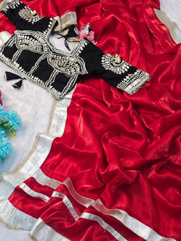 Beautifull G-MEE Satin Silk With Designer Gota Borde work Saree