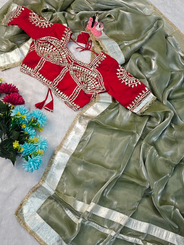 Beautifull G-MEE Satin Silk With Designer Gota Borde work Saree