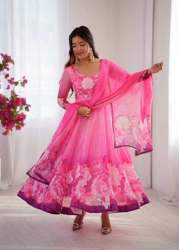 Beautifull PInk Color Taby Silk With Digital Print Work Gown