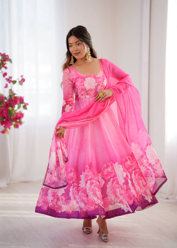 Beautifull PInk Color Taby Silk With Digital Print Work Gown