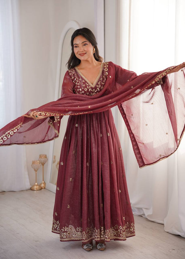 Beautifull Maroon Color Crunchy With Sequience Work Top Pent