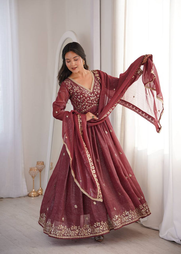 Beautifull Maroon Color Crunchy With Sequience Work Top Pent