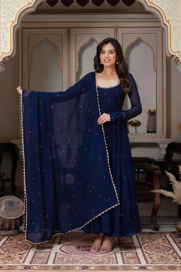 Navy Color Gorgette With Hand Work Anarkali
