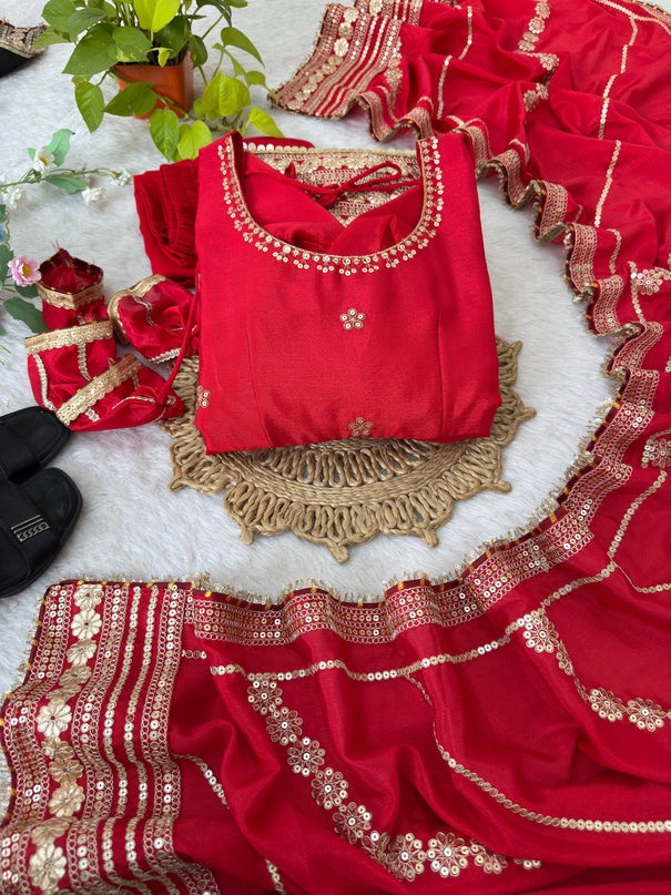 Beautifull Red Color Chinon Silk With Embroidery Work Gown