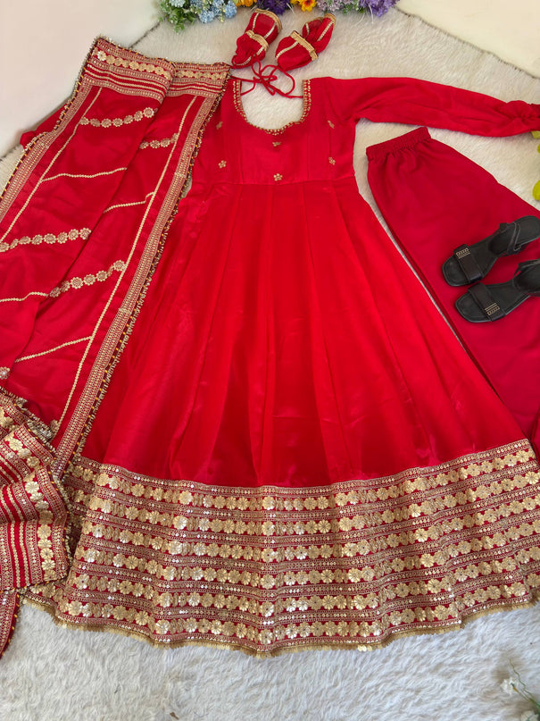 Beautifull Red Color Chinon Silk With Embroidery Work Gown