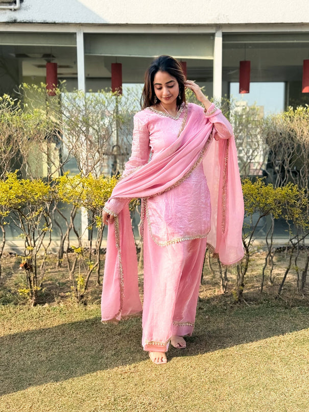 Beautifull Pink Color Satin Silk With Hand Made Real Mirror Work Top Pent