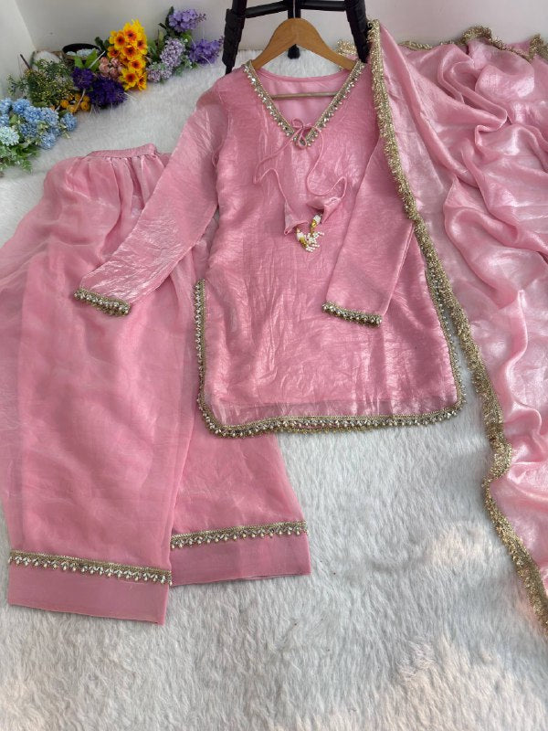 Beautifull Pink Color Satin Silk With Hand Made Real Mirror Work Top Pent