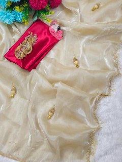 Beautifull White color Satin Silk With Hand Made Lace Work Saree