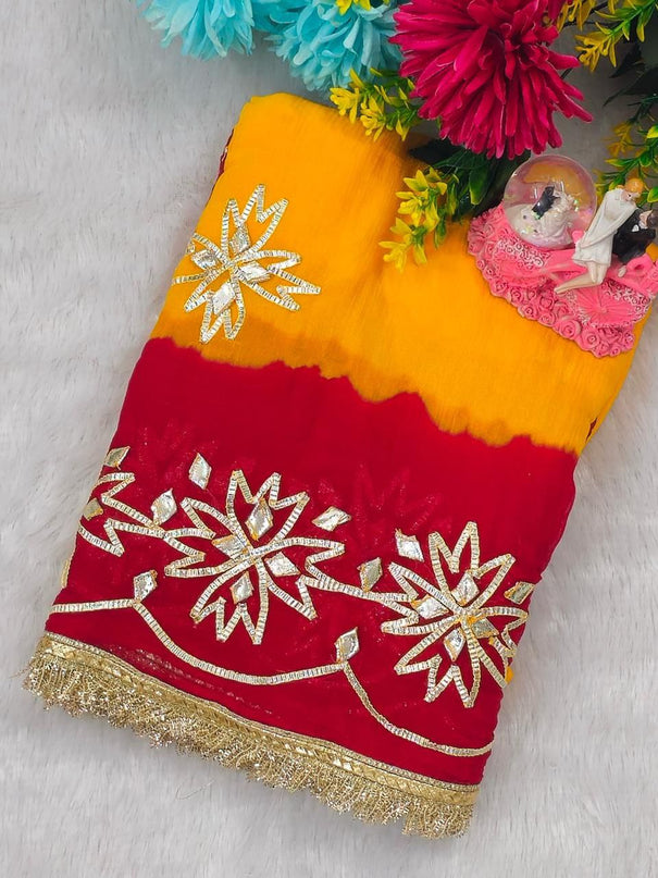 Beautifull Pure Chiffon With Kachhi Gotta Work Saree