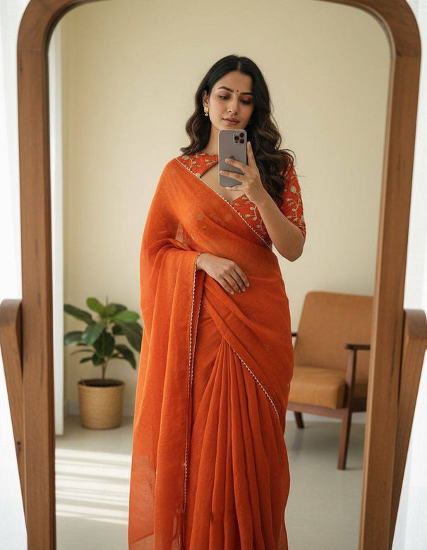 Orange Color Space Silk With Embroidery Work Saree