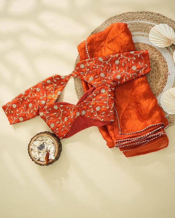 Orange Color Space Silk With Embroidery Work Saree