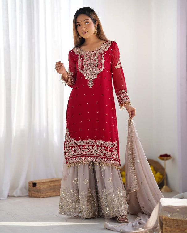 Heavy Faux Goergette Heavy Embroidery Work With Dori Sequence Work Top Plazzo