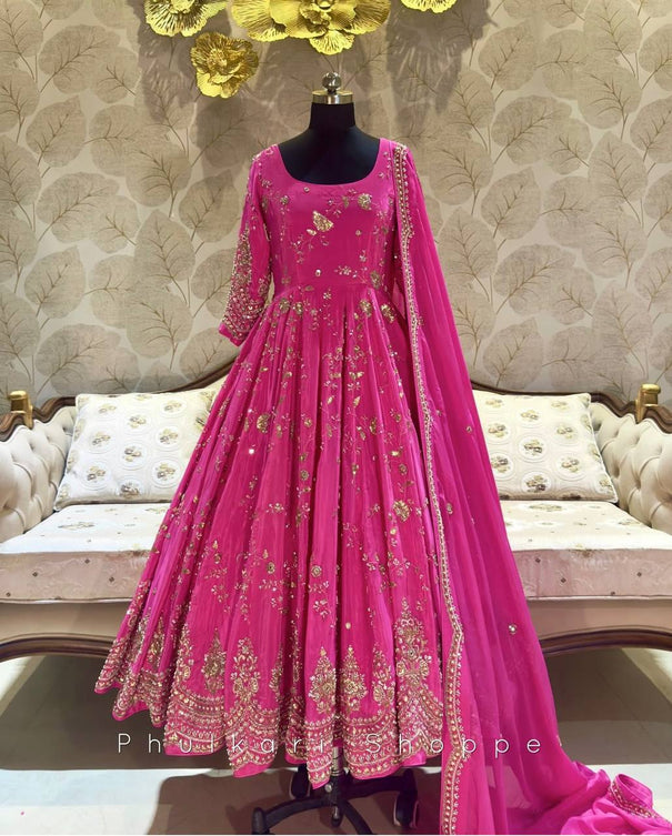 Pink Color Chinon Silk With Embroidery Work Beautifull Gown