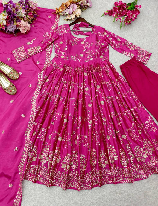 Pink Color Chinon Silk With Embroidery Work Beautifull Gown