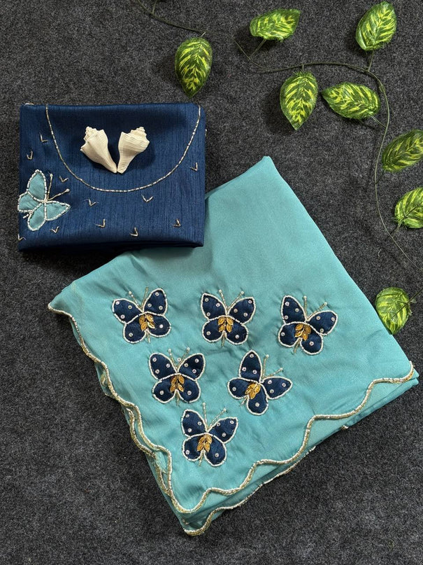 Beautifull Star Georgette Butterfly Cut HandWork Saree